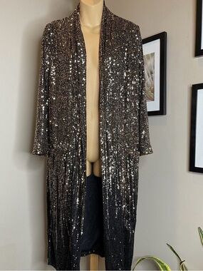 Women's Black Sequin Long Open-Front Duster.  #39